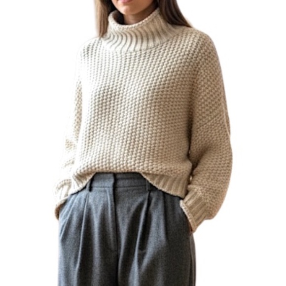 Boxy wool blend beige drop shoulder oversized chunky knit mock neck sweater M - Picture 2 of 12